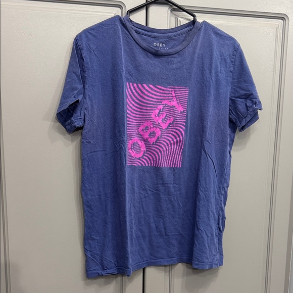 Obey Tops - Obey Indigo Tee with Vibrant Pink Design